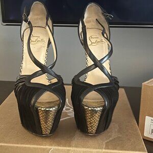 Christian Louboutin peep toe platform heels black n gold